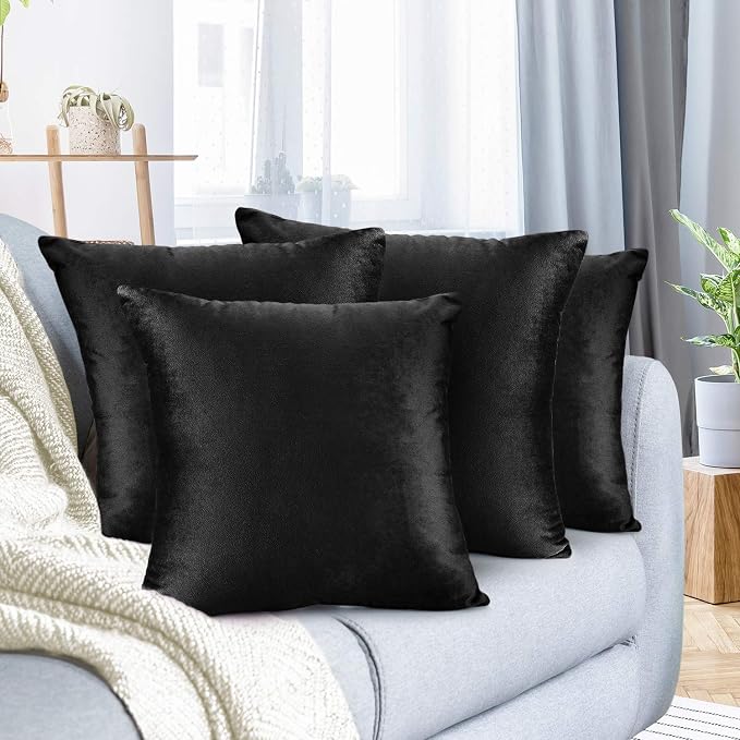 Nestl Throw Pillow Covers, Cozy Velvet Decorative Outdoor Pillow Covers 18X18 Inches, Soft Solid Cushion Covers for Sofa, Bed and Car, Set of 4 - Black