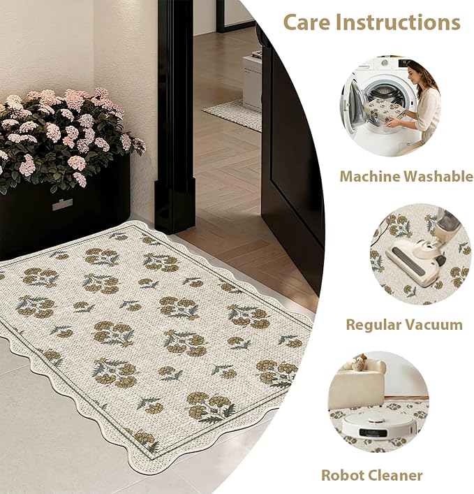 ORTIGIA Scalloped Easy Jute 2x3 Area Rug Vintage Yellow Block Floral Farmhouse Washable Rug Non-Slip Indoor Outdoor Carpet for Living Room Bedroom Kitchen Patio Entryway