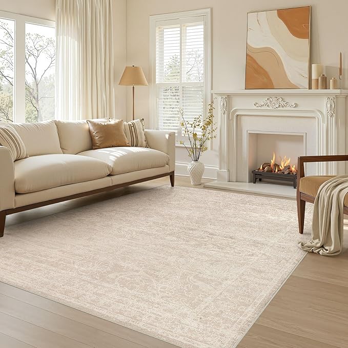 Nakagishi 5X7 Area Rugs Living Room: Washable Large Vintage Rug Neutral Non-Slip Soft Stain Resistant Indoor Carpet for Bedroom Nursery Dining Room Office Playroom