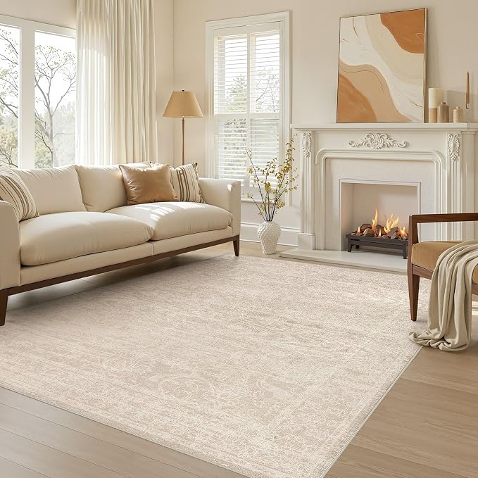 Nakagishi 6X9 Area Rugs Living Room:Washable Large Vintage Rug Neutral Non-Slip Soft Stain Resistant Indoor Carpet for Bedroom Nursery Dining Room Office Playroom