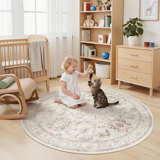 Madane Washable Round Rug 6ft for Living Room, Soft Ultra-Thin Non-Slip Vintage Floral Circle Area Rug, 6x6 Round Throw Carpet for Entryway Nursery Bedroom Kitchen Dining Room (Brown/Ivory, 6'Round)