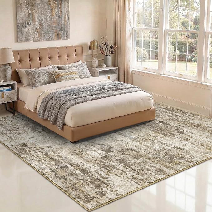 9x12 Area Rugs Washable Living Room Rug-No Slip Soft Carpets Modern Abstract Indoor Floor Stain Resistant Large Carpet for Bedroom Dining Room Farmhouse Nursery Home Office Brown