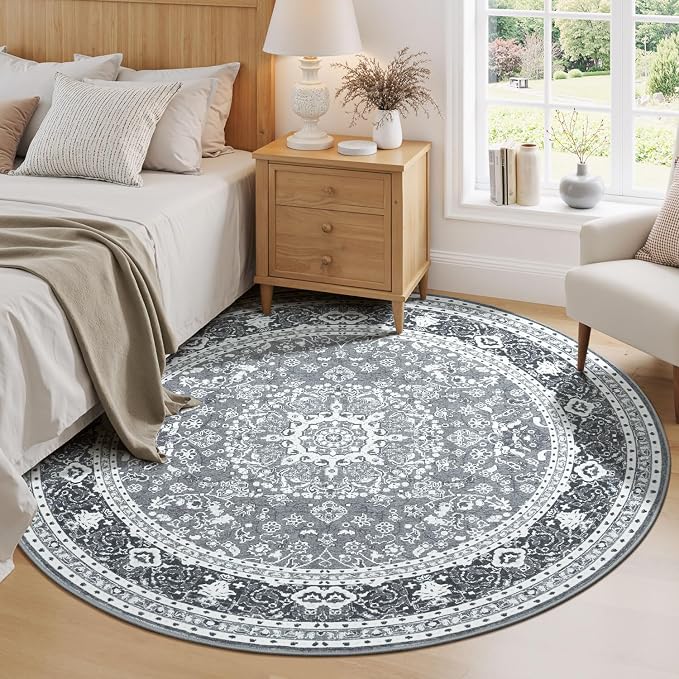 Lessymo 4FT Washable Round Area Rugs for Living Room, Non Slip Circle Rugs Low Pile Vintage Carpet for Bedroom, Dining Room, Nursery, Home Office, Grey White
