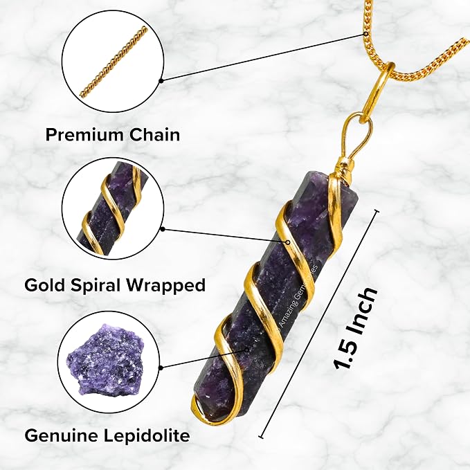 Amazing Gemstone Lepidolite Crystal Necklace Pendant For Women, Gold Wire Wrapped Dainty Minimalist Healing Crystal Necklaces For Men Unisex Necklace Jewelry Adjustable Chain & Leather Cord