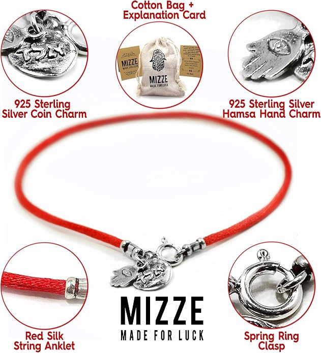Red Protection & Positive Energy Anklet for Women on Silk String - Sterling Silver Coin Charm & Hamsa Hand Ankle Bracelet for Protection - 9.5" Length with Spring Ring Clasp