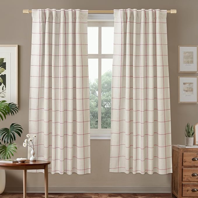 DriftAway 100% Blackout Plaid Linen Curtains 72 Inches Long 2 Panels Red | 100% Blackout, Linen Texture, Plaid Pattern, Two Layers, Rod Pocket & Back Tab, Bedroom Living Room Use, Luxury Appearance