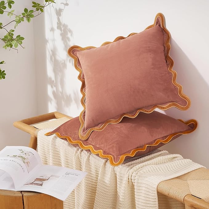 MONDAY MOOSE Decorative Throw Pillow Covers Cushion Cases, Set of 2 Soft Velvet Scalloped Wavy Edge Designs, Mix and Match for Home Decor, Pillow Inserts Not Included (22x22 inch, Pink/Honey)