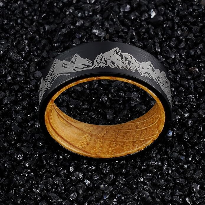 Forest Rings for Men 8 mm Black Plated Wedding Band with Wood Liner Comfort Fit