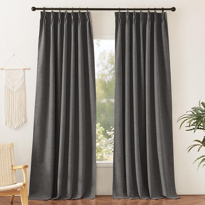 RYB HOME Pinch Pleated Back Tab Curtains Linen Textured 100% Blackout Curtains Thermal Insulated for Bedroom Living Room Bay Window Drapes, W 42 x L 96 inches, Grey, 2 Panels