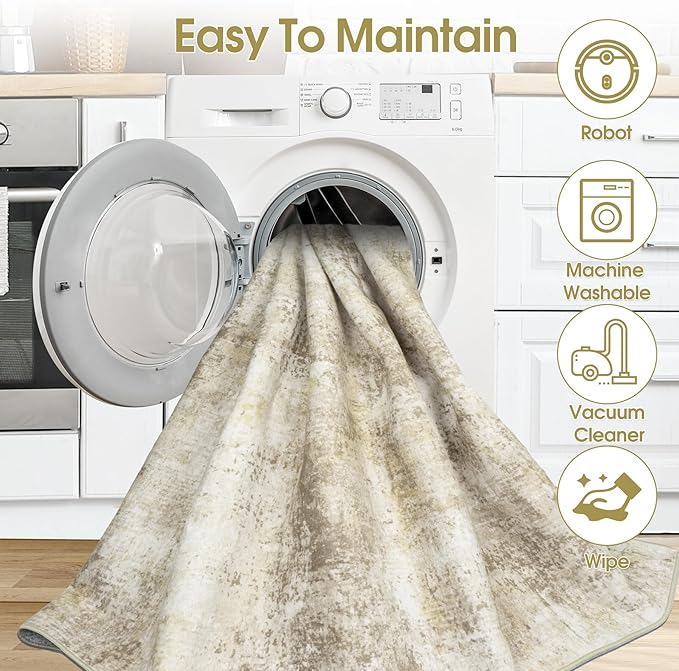 Area Rug Living Room Rugs: 5x7 Washable Rug with Anti-Slip Backing Non-Shedding Stain-Resistant Foldable Modern Abstract Carpet for Bedroom Dining Room Nursery Hallway Home Office Beige Grey