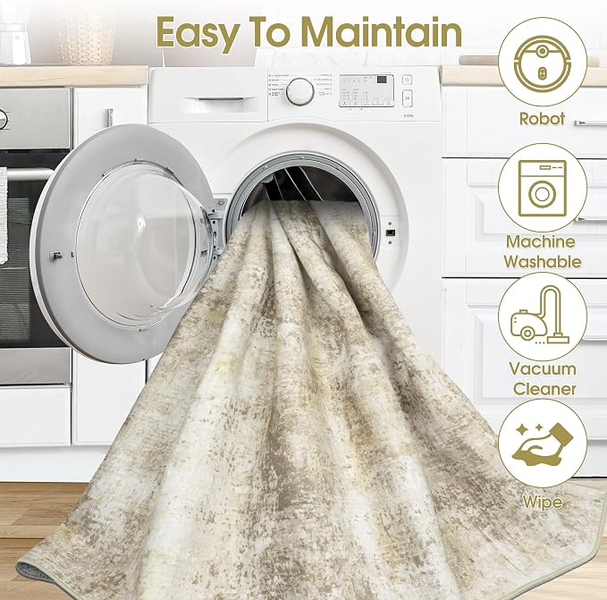 10x14 Area Rugs Living Room Rugs: Large Washable Rug with Anti-Slip Backing Non-Shedding Stain-Resistant Soft Abstract Carpet for Bedroom Dining Room Nursery Home Office Beige Grey