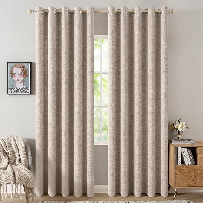 MIULEE 100% Blackout Linen Textured Curtains for Bedroom Solid Thermal Insulated Natural Beige Grommet Room Darkening Curtains & Drapes Luxury Decor for Living Room 62 x 90 Inch (2 Panels)