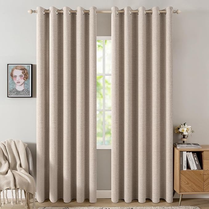 MIULEE 100% Blackout Linen Textured Curtains for Bedroom Solid Thermal Insulated Natural Beige Grommet Room Darkening Curtains & Drapes Luxury Decor for Living Room 62 x 84 Inch (2 Panels)