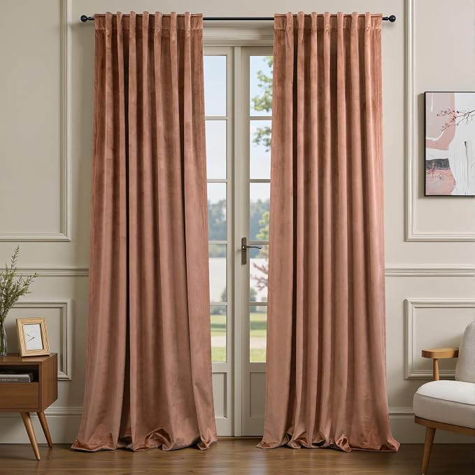 Pitalk 96 Inch Cinnamon Velvet Blackout Curtains Chic Modern Farmhouse Vintage Luxury Back Tab Pleated Thermal Insulated Light Blocking Velvet Drapes for Bedroom Living Room Wide 52x96 in Long 2 Panel