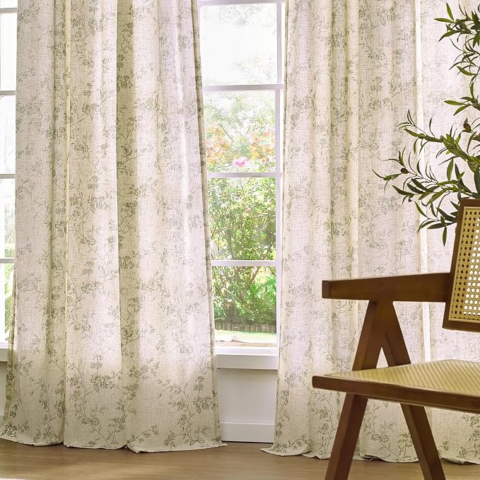Lazzzy Green Floral Linen Curtains 63 Inch Farmhouse Back Tab Drapes for Living Room Bedroom Light Filtering Vintage Grandmillennial Rod Pocket Curtains, 2 Panels, W38 x L63, Green on Beige
