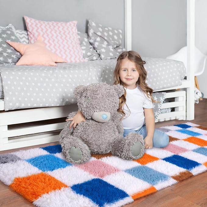 Pionblank Checkered Rug for Bedroom 2x6 Colorful, Modern Fluffy Runner Rugs for Living Room, Super Soft Shaggy Bedside Carpet for Kids Room Nursery Teens Dorm Decor, Rainbow