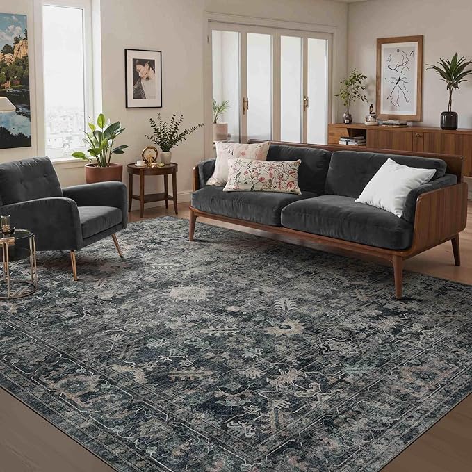 Rugxara Blue 6x9 Area Rugs Washable Rug for Living Room Dining Room Bedroom | Non Slip, Rug for Office Farmhouse Kids Room, Stain Resistant, Soft, Low Pile, Vintage Boho Floral Retro Carpet, Home Decor