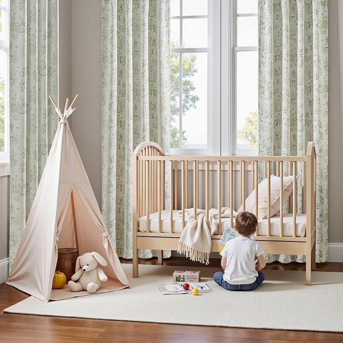 jinchan Green Blackout Curtains W38xL84 Whimsical Back Tab 2 Panels | Room darkening,nursery kids bedroom,privacy,whimsical,cottagecore,bunny pattern,botanical,nature-inspired decor