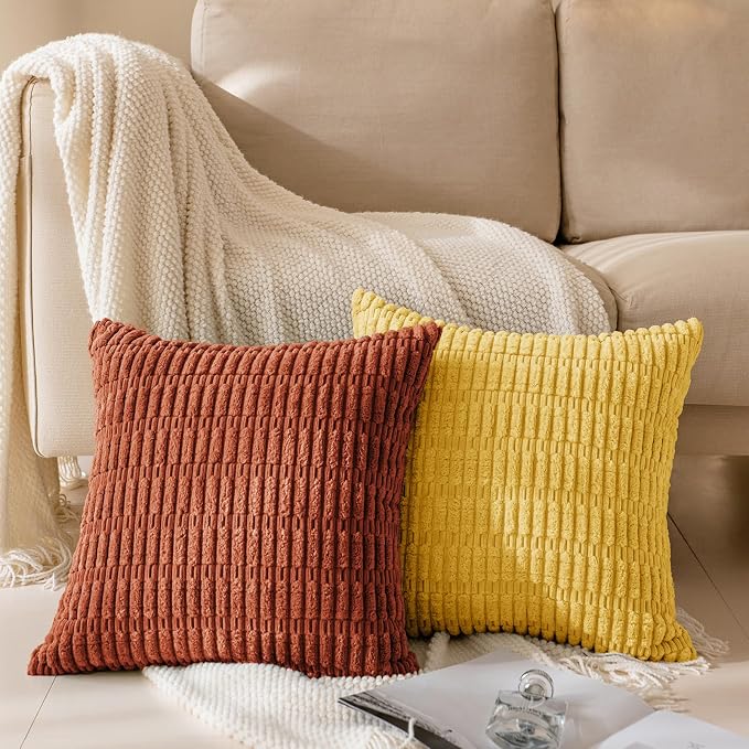 Softalker Throw Pillow Covers 20x20 Set of 2, Soft Corduroy Plush Decorative Square Cushion Cases for Living Room Couch Sofa, Rustic Farmhouse Boho Home Decor 50x50cm, Orange