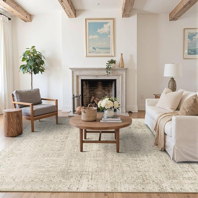 Rugxara Beige Area Rugs 5x7 Washable Soft Rug for Living Room Bedroom | Non Slip, Rug for Dining Room Dorm Office Farmhouse, Stain Resistant, Vintage Boho Carpet, Low Pile, Home Decor