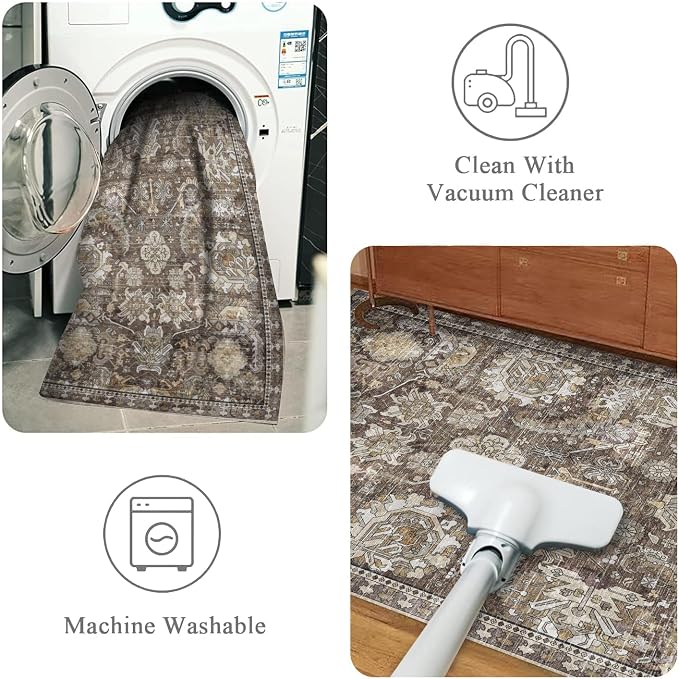 RUGSURE Washable Area Rugs - Perfect for Living Room, Bedroom, Kids Room, Nursery - Stain & Water Resistant Non-Slip, Pet & Child Friendly, Vintage Tribal Area Rugs (Ivory, 5' x 7')
