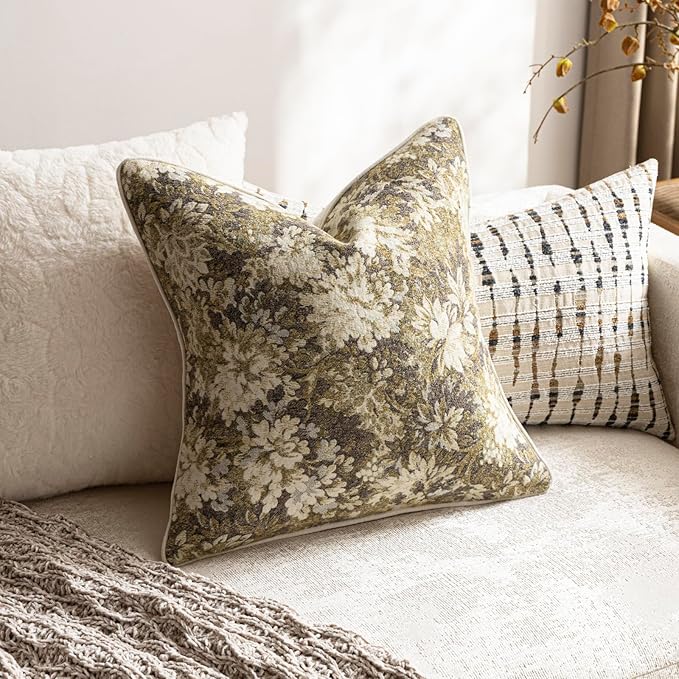 DEZENE Pack of 2 Vintage Floral Throw Pillow Covers 18x18 Boho Farmhouse Accents Chenille Square Decorative Pillow Cases for Living Room Couch Bed Home Decor, Beige