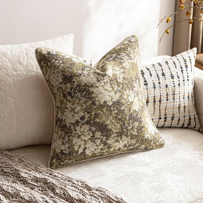 DEZENE Pack of 2 Vintage Floral Euro Sham Covers 26x26 Boho Farmhouse Accents Chenille Square Decorative Throw Pillow Cases for Living Room Couch Bed Home Decor, Beige