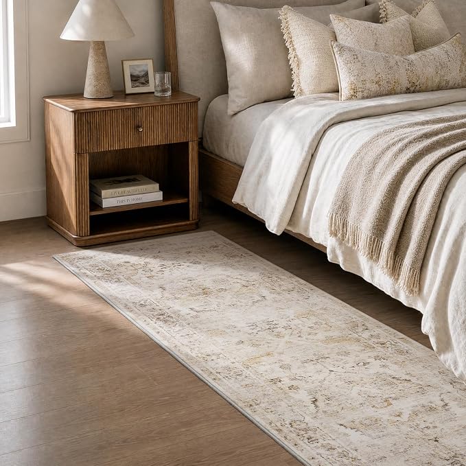 AMOAMI-2X10 Runner Rug-Washable Runners for Hallways-Soft Non Slip Bedside Rugs for Bedroom-Vintage Long Rug for Hallways Entryway Laundry Room Stair Kitchen Bathroom Beige