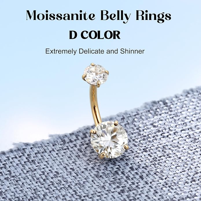 GEMQUEEN Moissanite ＆ G23 TItanium Belly Button Ring 18K Gold Plated Hypoallergenic Internally Threaded Belly Rings 14G Navel Piercing Jewelry For Women Men D Color VVS1 Clarity Brilliant Cut