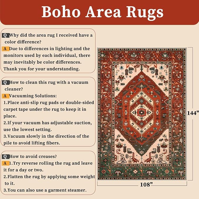 SERISSA 9x12 Area Rugs for Living Room, Large Washable Non-Slip Boho Rug, Ultra Soft Vintage Terracotta Green Oriental Tribal Print Distressed Carpet for Dining Room Bedroom Dorm Office Home Decor