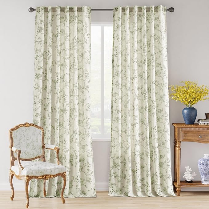 Lazzzy Charlotte Farmhouse Linen Curtains Green Floral Curtains 108 Inch Length Extra Long Drapes for Living Room Bedroom Light Filtering Country Vintage Rod Pocket Curtain, 2 Panels, Green on Beige