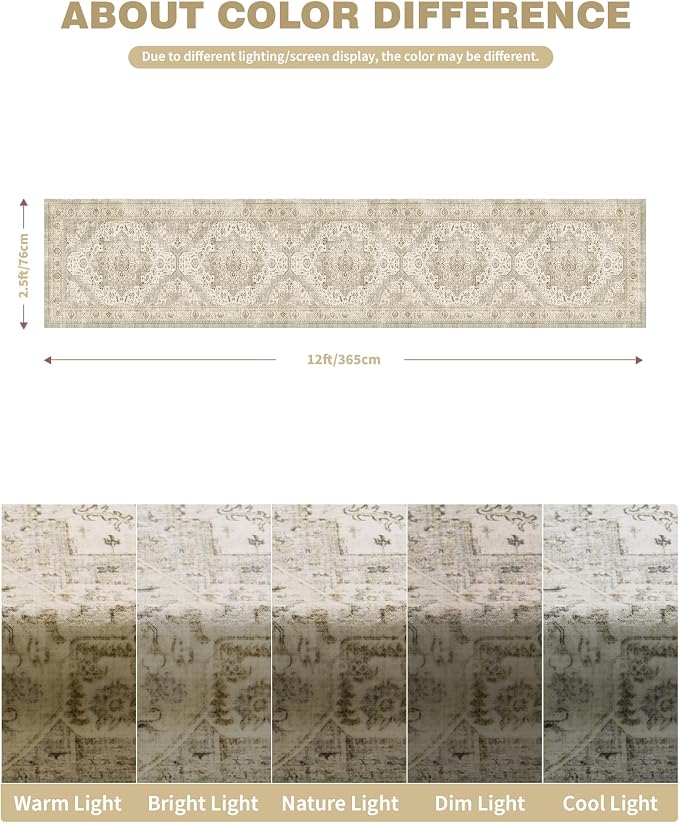 Roxstand 2.6x12 Hallway Runner Rug, Washable Non Slip Rugs, Ivory/Beige | Low Pile Rug with Stain Resistant Surface, Vintage Long Runner Rugs for Entryway, Living Room, Bedroom, Kitchen, Laundry