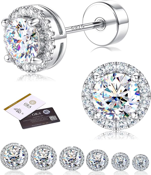 Moissanite Stud Earrings with Flat Back - 925 Sterling Silver D Color VVS1 Moissanite Earring for Women Men,14K White Gold Plated Brilliant Halo Stud Earrings Hypoallergenic Jewelry for Sensitive Ear