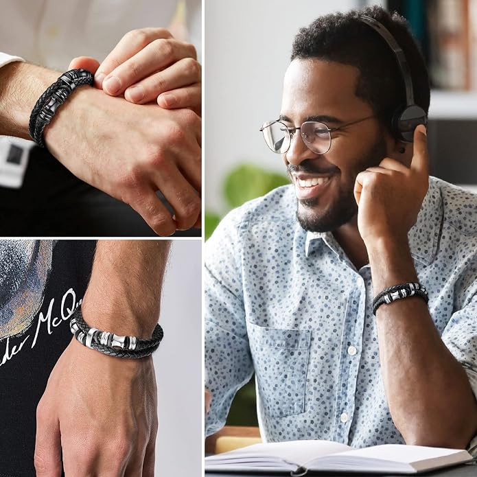 ChainsHouse Mens Wrap Braided Leather Black Bead Bracelets Bangles, Vintage Star of David/Wing Skull/Templar Cross Genuine Leather Bracelet, Customize Available, Size 7.5/8.3/9.0 Inch, Send Gift Box