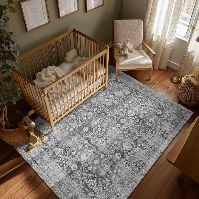 Boho Washable 5x7 Area Rugs for Living Room, Cushioned, Grey | Vintage Non-slip Rugs for Bedroom Dining Room Nursery Office, 0.3" Neutral Oriental Throw Thin Carpet, Grey