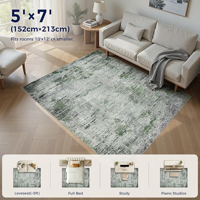 DMOYEST Area Rug Living Room Rugs - 5x7 Large Soft Indoor Neutral Modern Abstract Low Pile Washable Rug Carpet for Bedroom Dining Room Farmhouse Home Office - Green/Grey/Brown