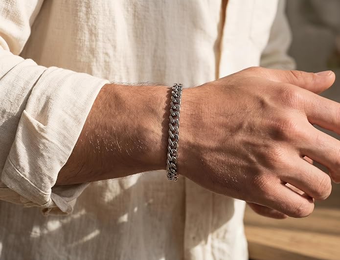 Cross Bracelet for Men, Silver/Gold/Black Mens Cross Bracelets Stack Stainless Steel Cuban Link Chain Bracelet Set Non Tarnish Adjustable Chunky Mens Jewelry Gifts for Men Dad Him Father's Day