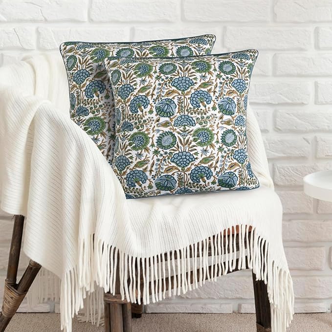 Ridhi Block Print Asparagus Green Pillow Cover 20" x 20" (Pack of 2) Decorative Couch Pillows for Living Room, Farmhouse Chic Boho Cute Outdoor Pillows Covers Gifts for Spring, Mother's Day