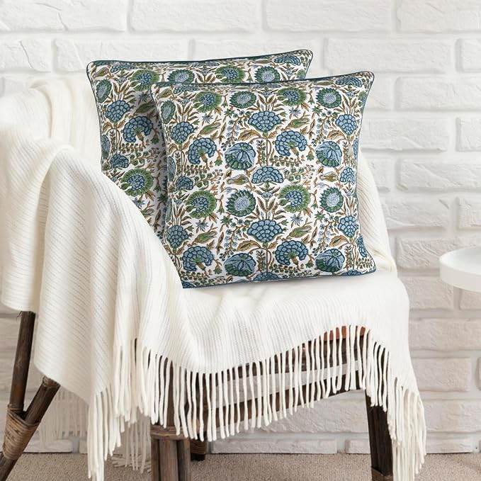 Ridhi Block Print Asparagus Green Pillow Cover 16" x 16" (Pack of 2) Decorative Couch Pillows for Living Room, Farmhouse Chic Boho Cute Outdoor Pillows Covers Gifts for Spring, Mother's Day