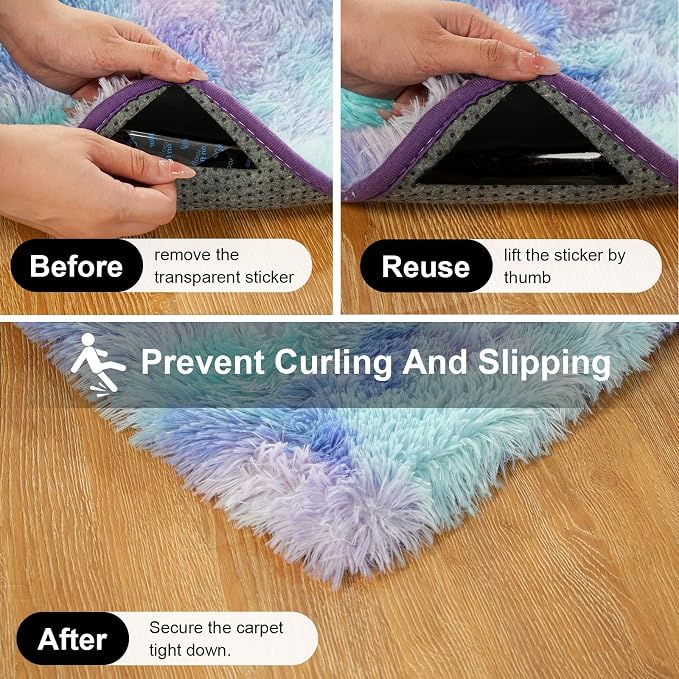 2x3 Rugs for Bedroom, Fluffy Area Rugs for Living Room, Small Fuzzy Shag Soft Carpet with 4 Non-Slip Adhesive Strips for Kids Boys and Girls Nursery Dorm Room Home Decor (2ft X 3ft, Rainbow)