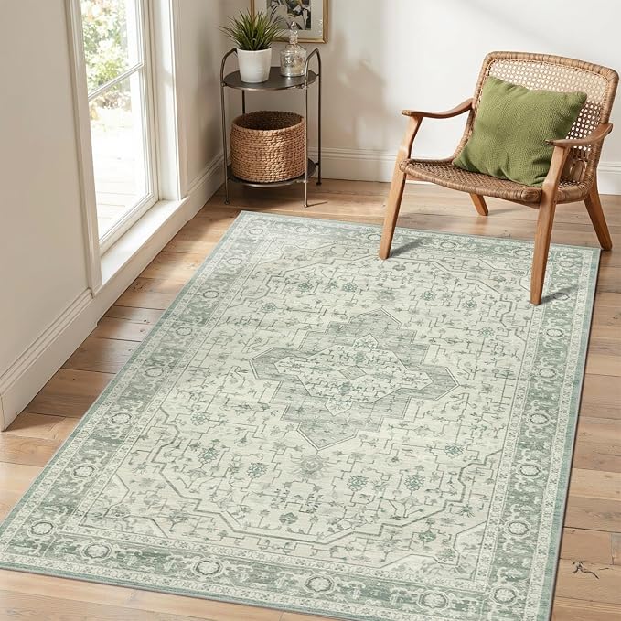 Rugxara Washable Area Rug for Living Room, Vintage Boho Rugs for Office, Dining Room, Kids Room, Farmhouse, Durable Low Pile Non Slip Carpet for High Traffic Areas, Sage Green(4x6 ft)
