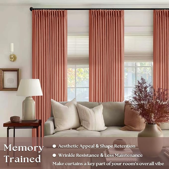 Firebrick Pleated Linen Curtains 96 Inches Long for Living Room 2 Panel Set | Semi Sheer Light Filtering, Memory Shape Pinch Pleat with Rings Hooks, Farmhouse Rustic Terracott Drapes for Bedroom Window
