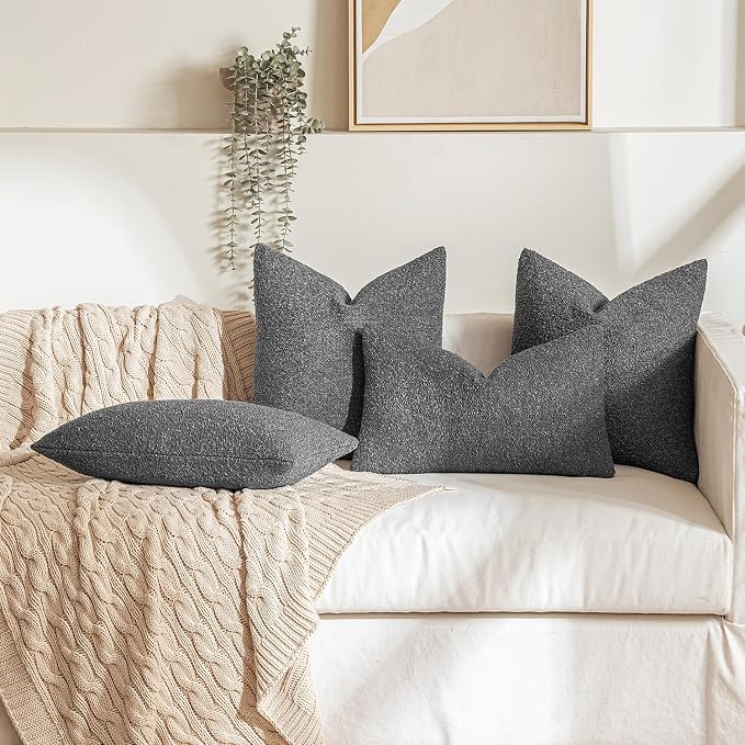 MIULEE 18x18 Decorative Lumbar Boucle Couch Pillow Covers Charcoal | Set of 2 Textured Neutral Throw Pillow Covers, Accent Solid Pillowcases, Sofa Living Room Home Decor