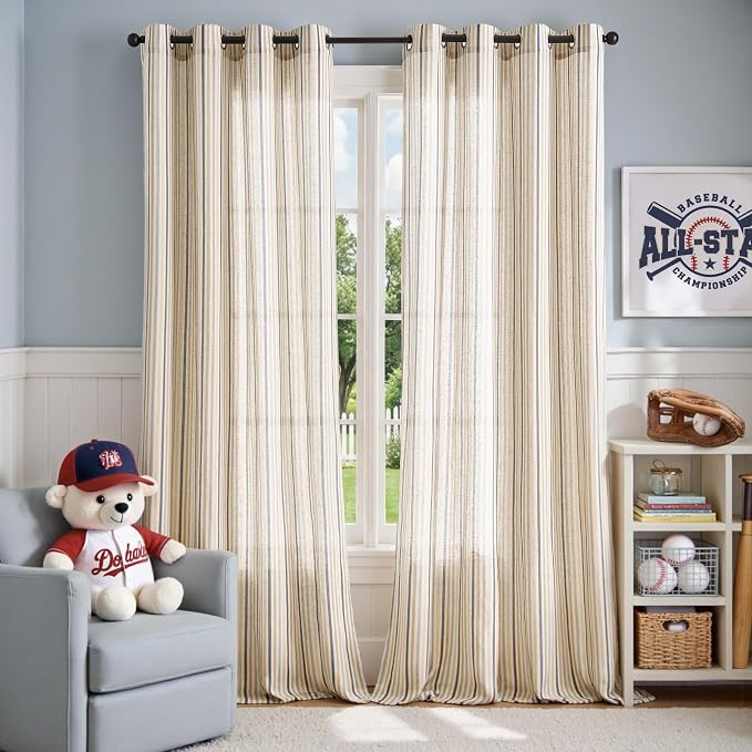 Vangao Linen Stripe Nursery Curtains for Kids Tickingstripe Light Filtering Window Curtains Colorful Pinstripe Printed Drapes 96 Inches Long for Living Room Girls Bedroom Colorful Blue 2 Panels