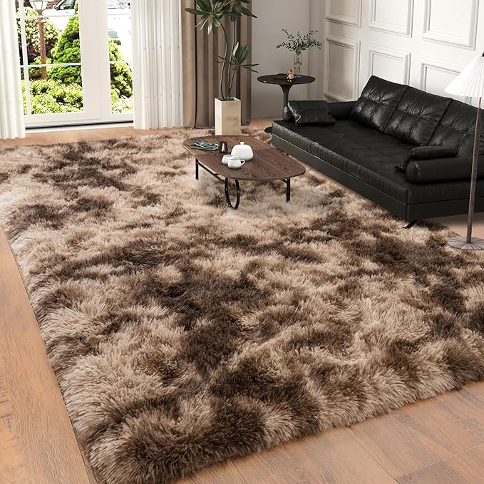 Dssimo Brown Rug for Bedroom Living Room, 5x7 Soft Shaggy Area Rugs | Large Plush Furry Non-Slip Brown and Cream Rug for Nursery Kids Room Dorm Room Home Decor, Indoor Plush Floor Carpet