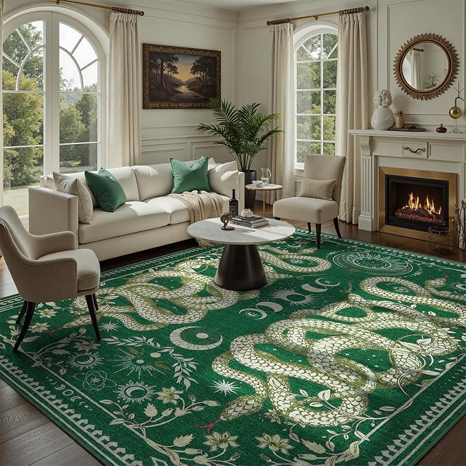 DCX Washable 9x12 Snake Rug, Green Gothic Rug for Living Room, Soft Low Pile Carpet, Kid & Pet Friendly with Rubber Back Non Slip, Stain Resistant Rug for Bedroom Dining Room Office