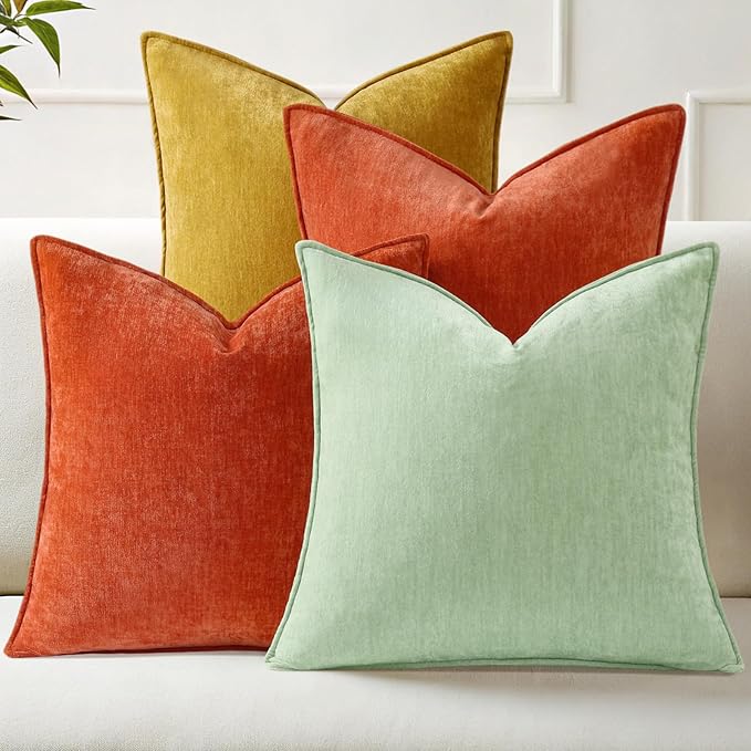 decorUhome Set of 4 Chenille Throw Pillow Covers 18x18(Sage/Rust) | Couch Decorative Soft Neutral Pillow Covers with Elegant Design for Living Room Bed Sofa