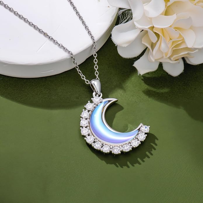 Dainty Moonstone Moon Simple 925 Sterling Silver Pendant Necklace for Women, Jewelry for Women Mother, Birthday Gift, with 18+2inch
