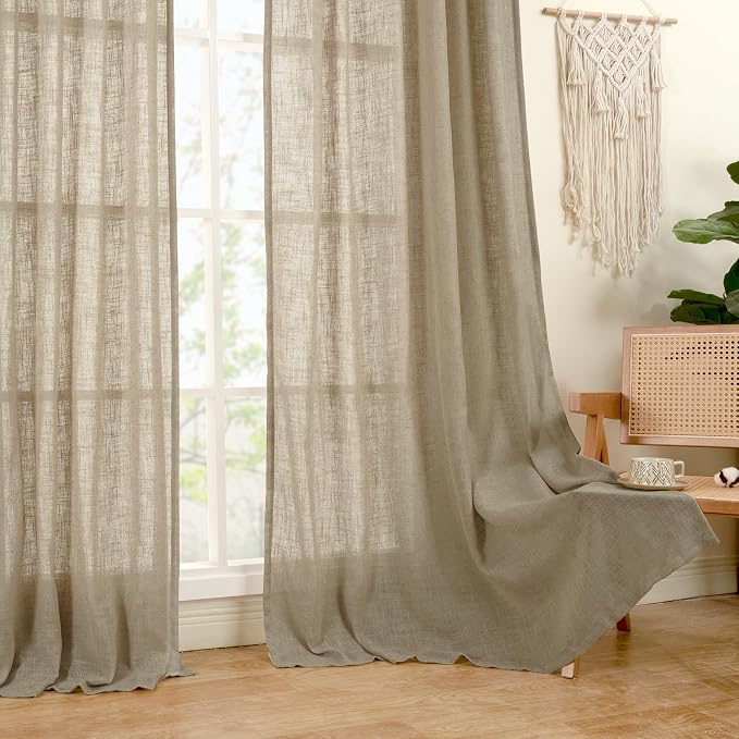 LAMIT Taupe Linen Boho Curtains 80 inch Length 2 Panels, Light Filtering Semi Sheer Panels Back Tab and Rod Pocket Neutral Drapes for Bedroom/Living Room, 34 x 80 Inch