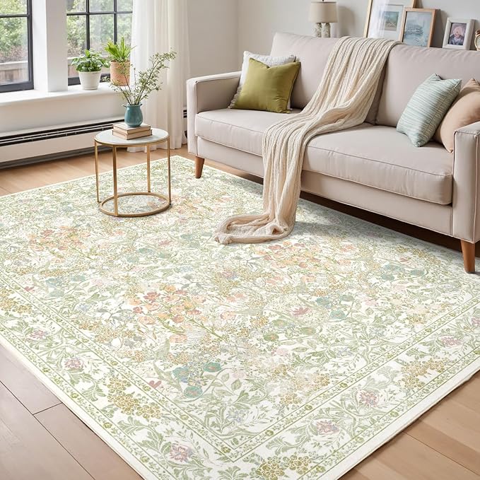 Washable Sage Green 5x8 Area Rug for Large Entryway, Living Room, Kids Room, Boy Nursery Room, Bedroom Rug - Vintage Oriental Low Pile Non Slip & Stain Resistance (5x8 Beige Green)